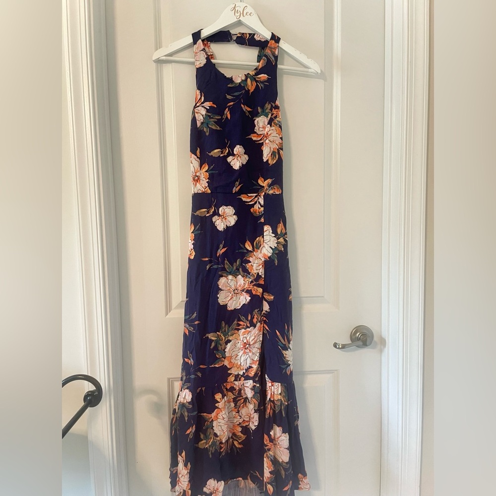 Rare Blossom Navy Blue Floral Print Tie-Back Tiered Midi Dress